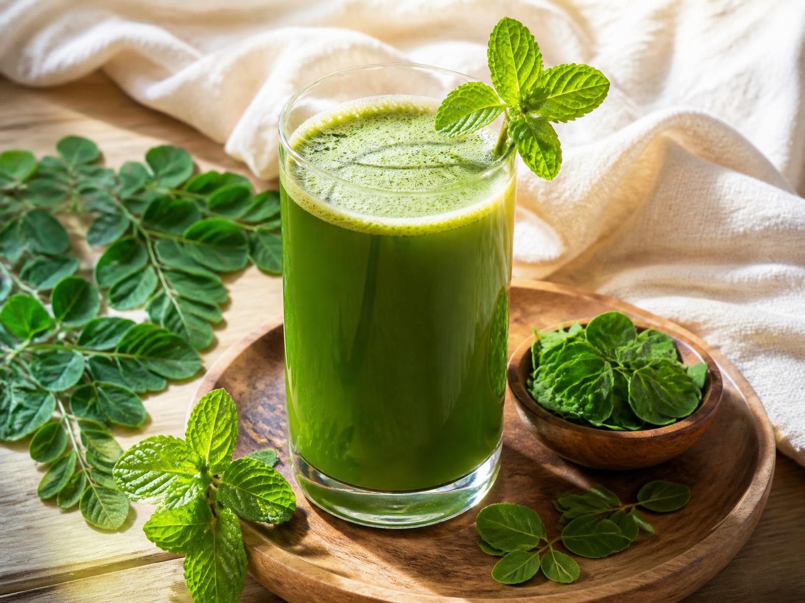 Fresh green herbal juice served with moringa leaves